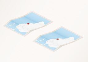 Two versions of a folded map of Suriname with the flag of the country of Suriname and with the red color highlighted. vector