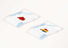 Two versions of a folded map of Chad with the flag of the country of Chad and with the red color highlighted. vector