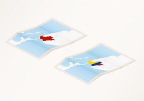Two versions of a folded map of Colombia with the flag of the country of Colombia and with the red color highlighted. vector