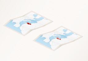 Two versions of a folded map of Tunisia with the flag of the country of Tunisia and with the red color highlighted. vector