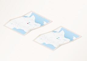 Two versions of a folded map of Rwanda with the flag of the country of Rwanda and with the red color highlighted. vector
