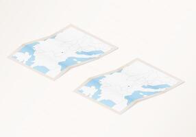 Two versions of a folded map of Liechtenstein with the flag of the country of Liechtenstein and with the red color highlighted. vector