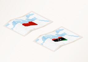 Two versions of a folded map of Libya with the flag of the country of Libya and with the red color highlighted. vector