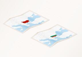 Two versions of a folded map of Bulgaria with the flag of the country of Bulgaria and with the red color highlighted. vector