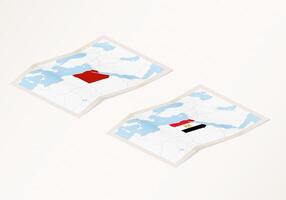 Two versions of a folded map of Egypt with the flag of the country of Egypt and with the red color highlighted. vector