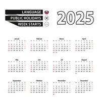 2025 calendar in Slovak language, week starts from Sunday. vector