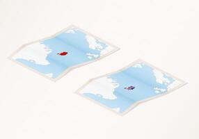 Two versions of a folded map of Iceland with the flag of the country of Iceland and with the red color highlighted. vector