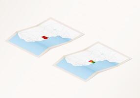 Two versions of a folded map of Ghana with the flag of the country of Ghana and with the red color highlighted. vector
