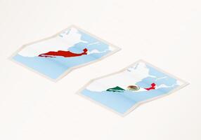 Two versions of a folded map of Mexico with the flag of the country of Mexico and with the red color highlighted. vector