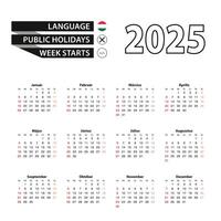 2025 calendar in Hungarian language, week starts from Sunday. vector