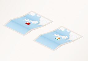 Two versions of a folded map of Ireland with the flag of the country of Ireland and with the red color highlighted. vector