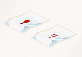 Two versions of a folded map of Austria with the flag of the country of Austria and with the red color highlighted. vector