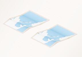 Two versions of a folded map of The Bahamas with the flag of the country of The Bahamas and with the red color highlighted. vector