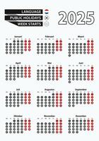 template calendar 2025 with number in circles, simple Dutch calendar for year 2025. vector