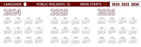 2024, 2025, 2026 year calendar in Italian language, week starts on Sunday. vector