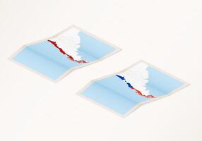 Two versions of a folded map of Chile with the flag of the country of Chile and with the red color highlighted. vector