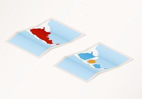 Two versions of a folded map of Argentina with the flag of the country of Argentina and with the red color highlighted. vector