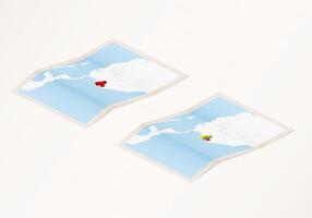 Two versions of a folded map of Ecuador with the flag of the country of Ecuador and with the red color highlighted. vector