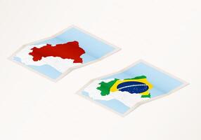 Two versions of a folded map of Brazil with the flag of the country of Brazil and with the red color highlighted. vector