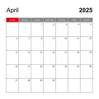 Wall calendar template for April 2025. Holiday and event planner, week starts on Sunday. vector