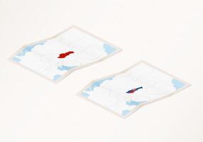 Two versions of a folded map of Slovakia with the flag of the country of Slovakia and with the red color highlighted. vector