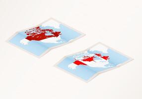 Two versions of a folded map of Canada with the flag of the country of Canada and with the red color highlighted. vector