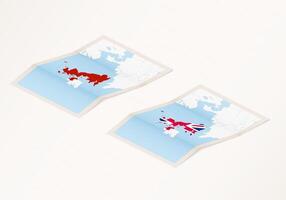 Two versions of a folded map of United Kingdom with the flag of the country of United Kingdom and with the red color highlighted. vector