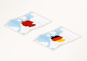 Two versions of a folded map of Germany with the flag of the country of Germany and with the red color highlighted. vector