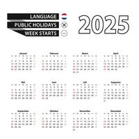 2025 calendar in Dutch language, week starts from Sunday. vector