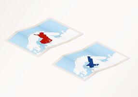 Two versions of a folded map of Finland with the flag of the country of Finland and with the red color highlighted. vector
