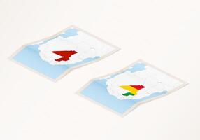 Two versions of a folded map of Mali with the flag of the country of Mali and with the red color highlighted. vector