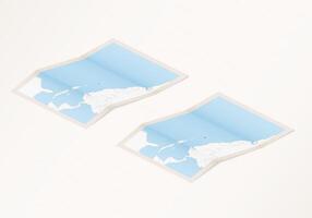 Two versions of a folded map of Antigua and Barbuda with the flag of the country of Antigua and Barbuda and with the red color highlighted. vector