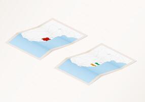Two versions of a folded map of Ivory Coast with the flag of the country of Ivory Coast and with the red color highlighted. vector