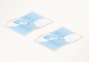 Two versions of a folded map of Costa Rica with the flag of the country of Costa Rica and with the red color highlighted. vector
