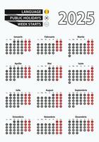 Calendar 2025 with number in circles, simple Romanian calendar for year 2025. vector