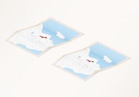 Two versions of a folded map of Malawi with the flag of the country of Malawi and with the red color highlighted. vector