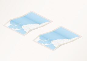 Two versions of a folded map of Saint Lucia with the flag of the country of Saint Lucia and with the red color highlighted. vector