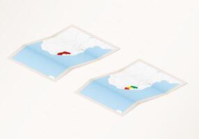 Two versions of a folded map of Guinea with the flag of the country of Guinea and with the red color highlighted. vector