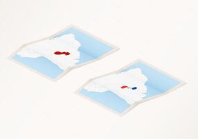 Two versions of a folded map of Paraguay with the flag of the country of Paraguay and with the red color highlighted. vector