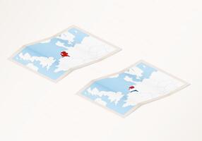 Two versions of a folded map of Netherlands with the flag of the country of Netherlands and with the red color highlighted. vector