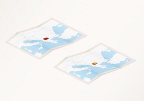 Two versions of a folded map of Macedonia with the flag of the country of Macedonia and with the red color highlighted. vector