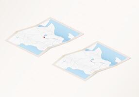 Two versions of a folded map of Burundi with the flag of the country of Burundi and with the red color highlighted. vector