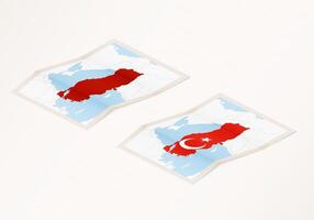 Two versions of a folded map of Turkey with the flag of the country of Turkey and with the red color highlighted. vector