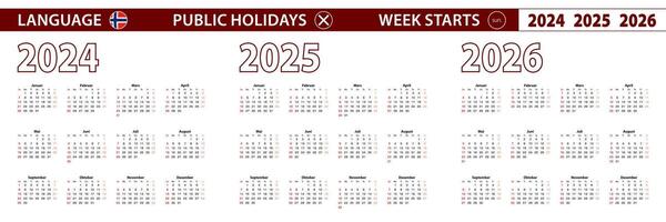 2024, 2025, 2026 year calendar in Norwegian language, week starts on Sunday. vector