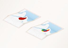 Two versions of a folded map of Ethiopia with the flag of the country of Ethiopia and with the red color highlighted. vector