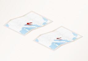 Two versions of a folded map of Croatia with the flag of the country of Croatia and with the red color highlighted. vector