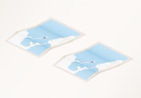 Two versions of a folded map of Haiti with the flag of the country of Haiti and with the red color highlighted. vector