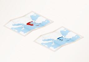 Two versions of a folded map of Greece with the flag of the country of Greece and with the red color highlighted. vector