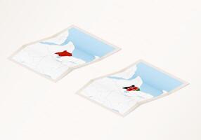 Two versions of a folded map of Kenya with the flag of the country of Kenya and with the red color highlighted. vector