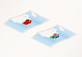 Two versions of a folded map of South Africa with the flag of the country of South Africa and with the red color highlighted. vector